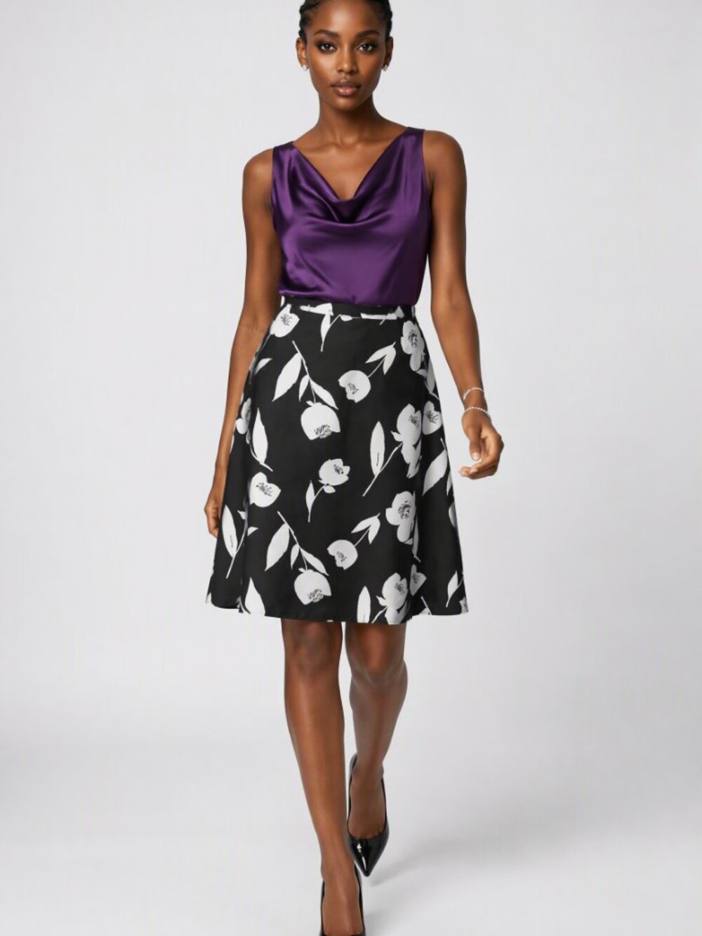 Caslon Nordstrom 100% silk Black with White flowers Full Midi Skirt 14